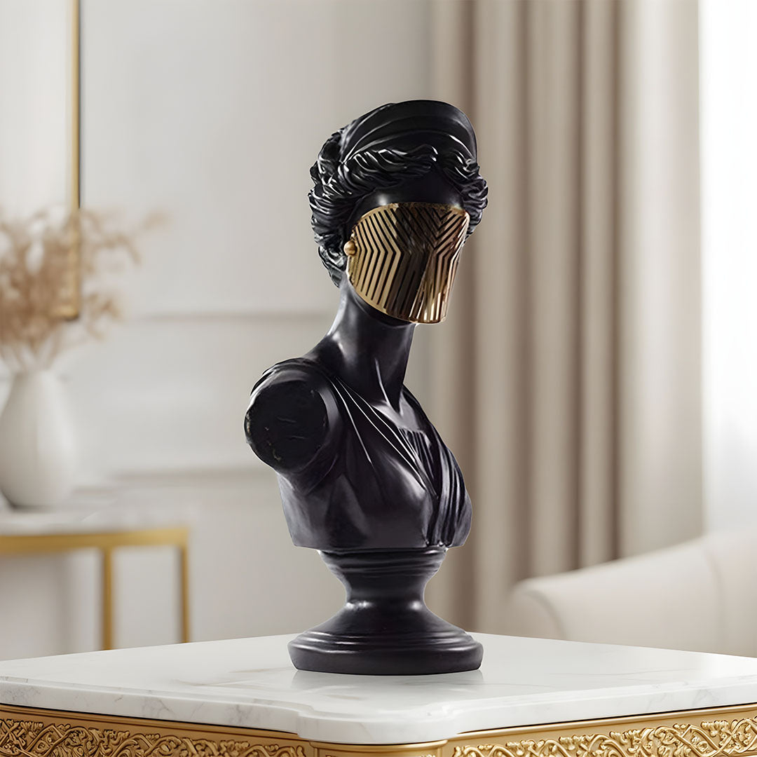 SOGA 40cm Black Classical Bust Sculpture Resin with Gold Striped Mask for Modern Home Décor