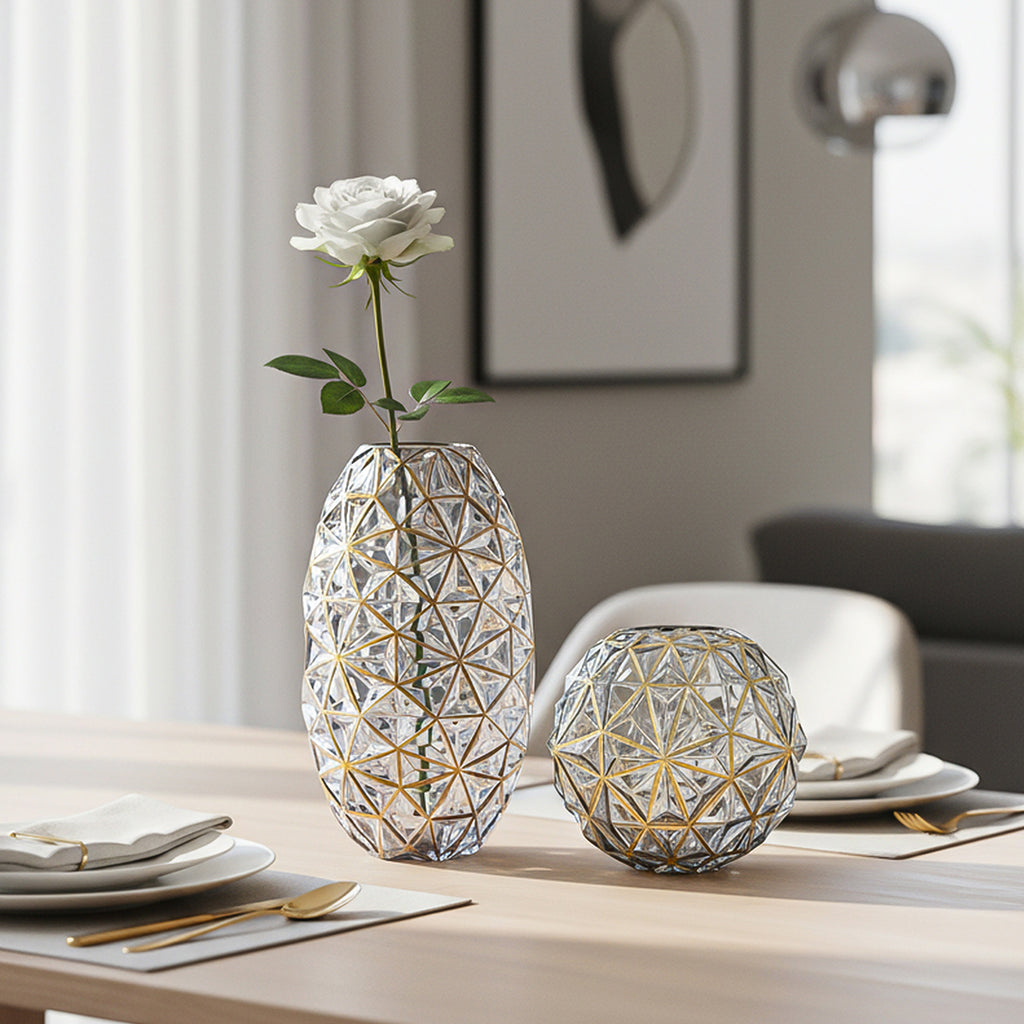 Grey Diamond Cut Glass Flower Vase with Gold Accent