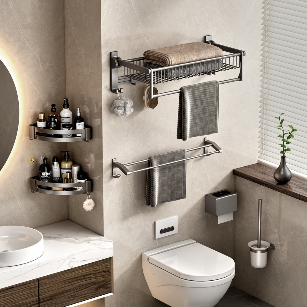 61cm Gray Wall-Mounted Double Pole Towel Holder with Hooks