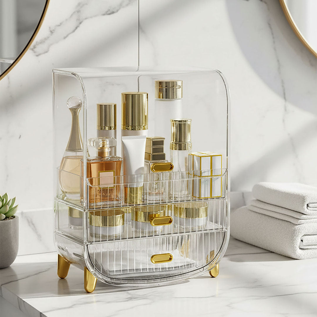 3 Tier Transparent Multifunctional Countertop Cosmetic Storage Drawer Type Organiser