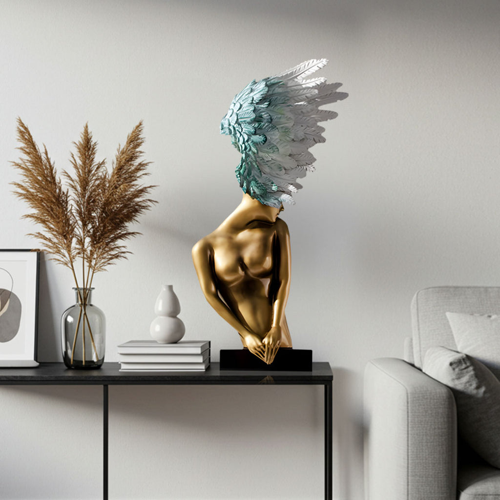 SOGA 86cm Gold Bronze Winged Figure Sculpture with Marble Base