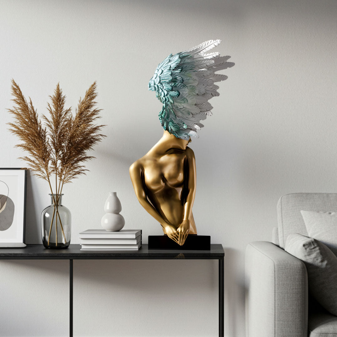SOGA 86cm Gold Bronze Winged Figure Sculpture with Marble Base