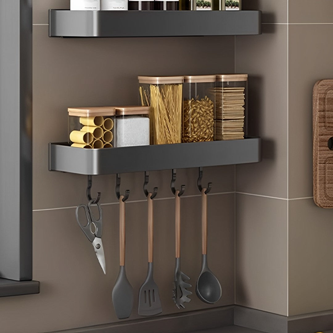 30cm Black Rectangular Spice Storage Rack with Hooks