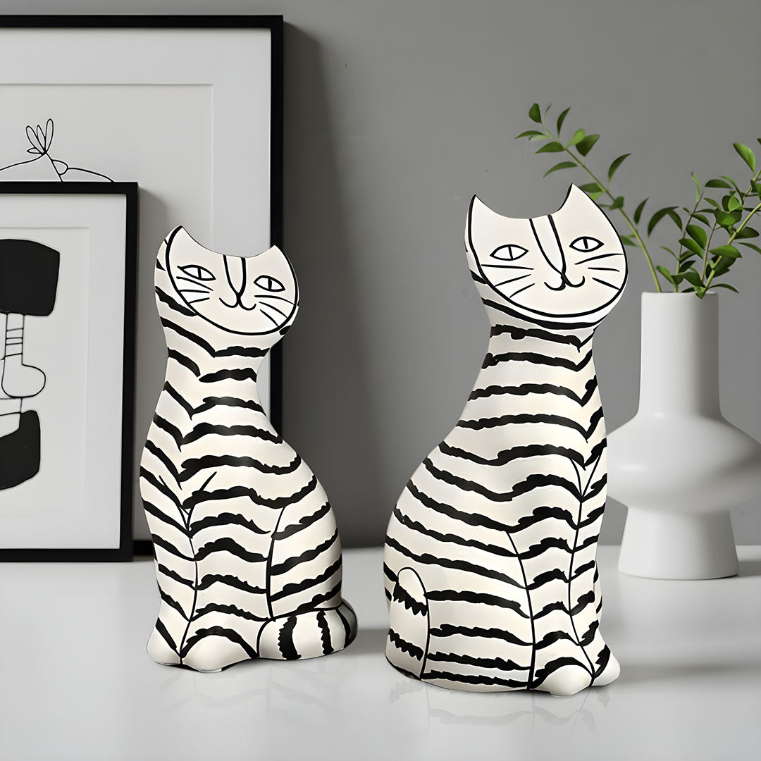 SOGA 22cm and 27cm Black & White Striped Cat Resin Sculptures for Stylish Home Décor