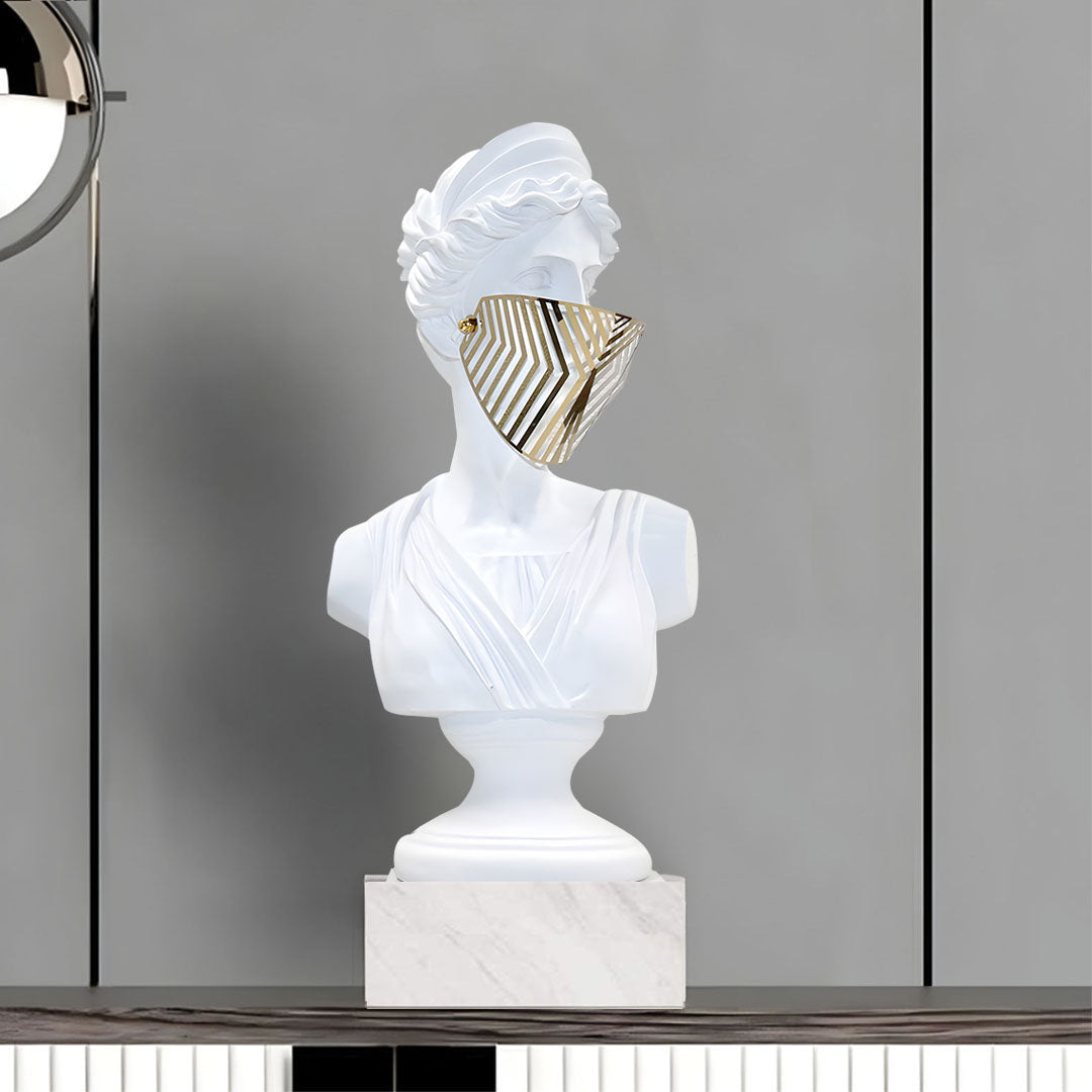 SOGA 45cm White Classical Bust Sculpture Resin with Gold Striped Mask for Modern Home Décor