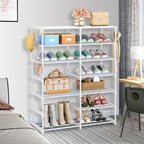12-Shelf Tier Shoe Storage with Side Hooks White