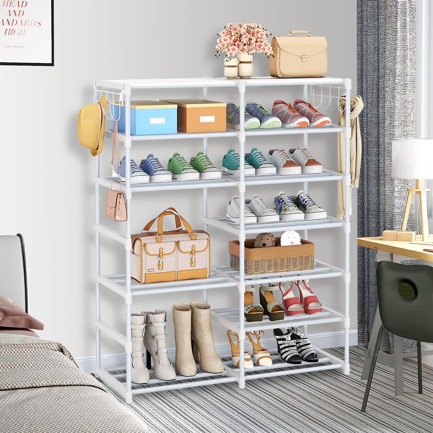 12-Shelf Tier Shoe Storage with Side Hooks White