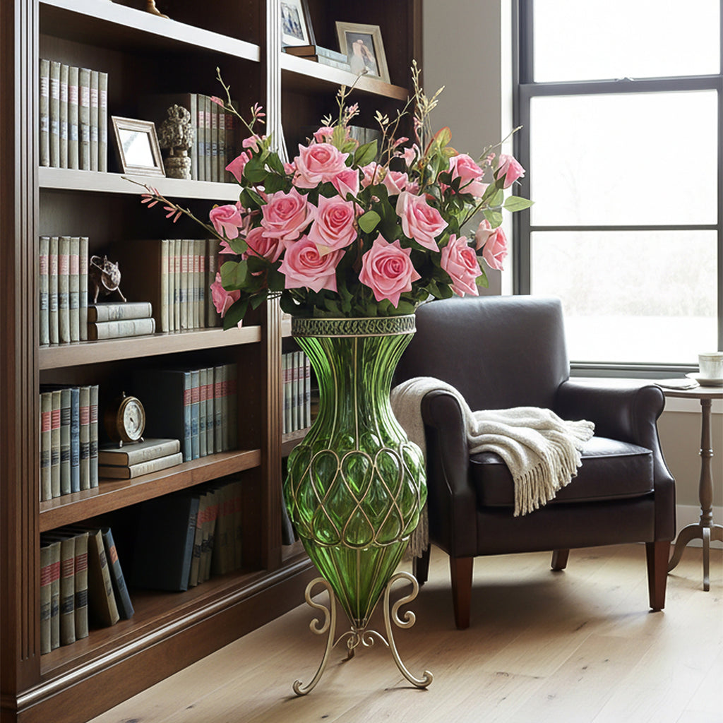 67cm Green Glass Floor Vase and 12pcs Pink Artificial Flower Set