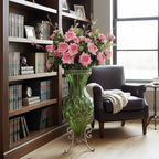 67cm Green Glass Floor Vase and 12pcs Pink Artificial Flower Set