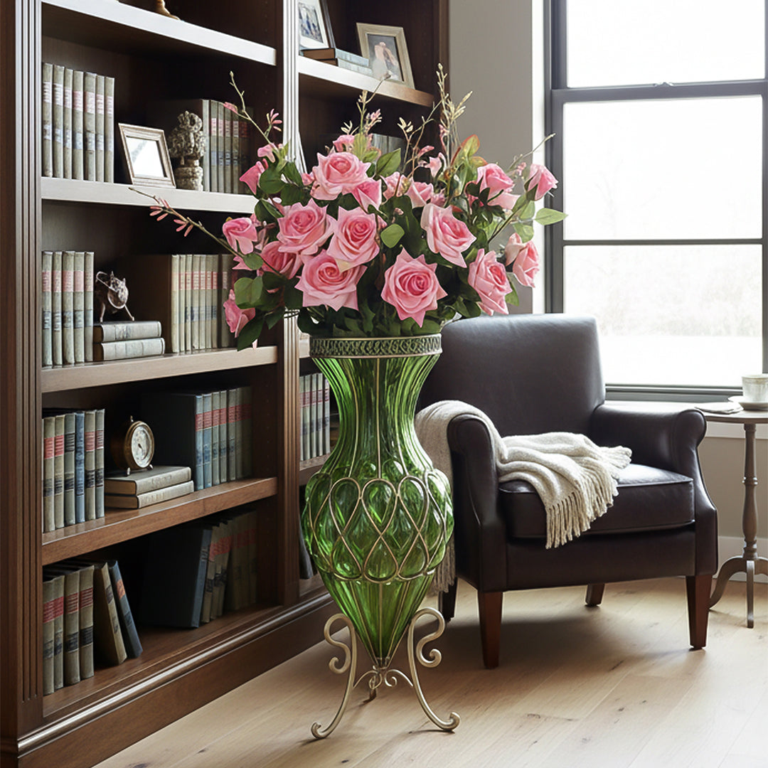 67cm Green Glass Floor Vase and 12pcs Pink Artificial Flower Set
