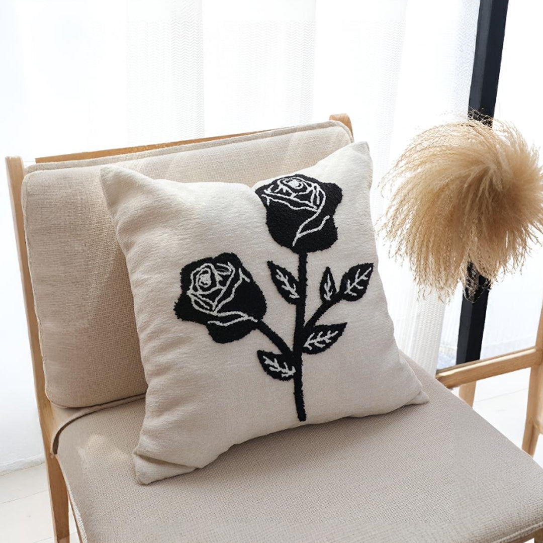 SOGA 45cm White Black Rose Floral Embroidered Throw Pillow