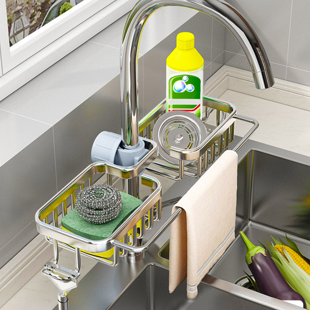 Silver Kitchen Sink Faucet Organiser with Towel Bar Holder