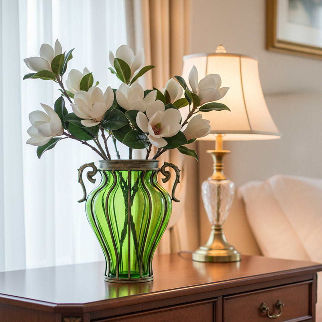 Green European Glass Flower Vase with Two Metal Handle