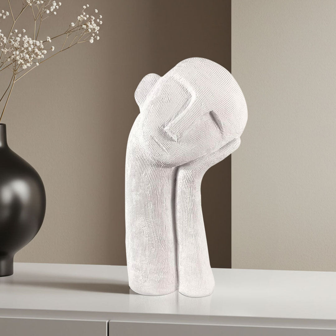 SOGA 38cm White Minimalist Head Resin Sculpture with Hand at Side and Linear Texture for Home Décor