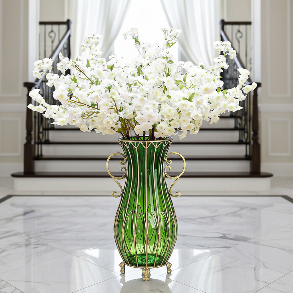 51cm Green Glass Floor Vase and 10pcs White Artificial Flower Set
