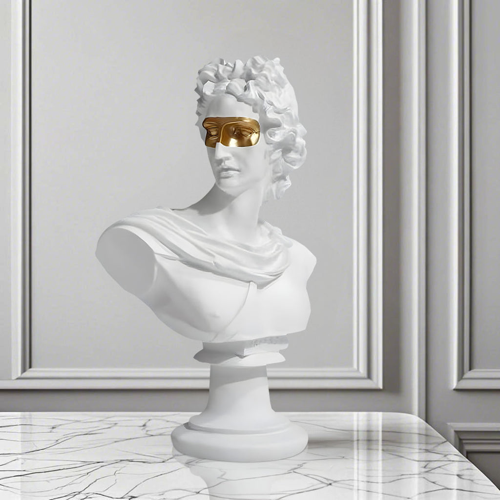SOGA 40cm White Classical Bust Resin Sculpture with Gold Eye Mask for Modern Home Décor