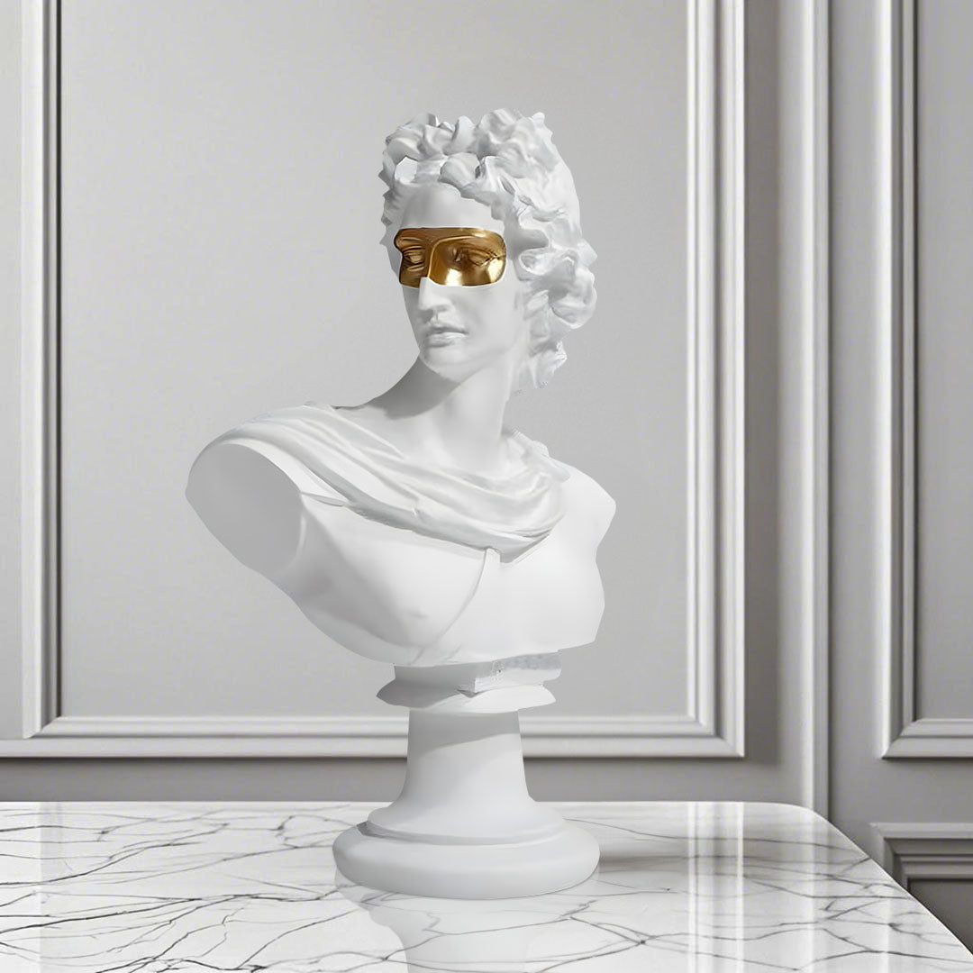 SOGA 40cm White Classical Bust Resin Sculpture with Gold Eye Mask for Modern Home Décor