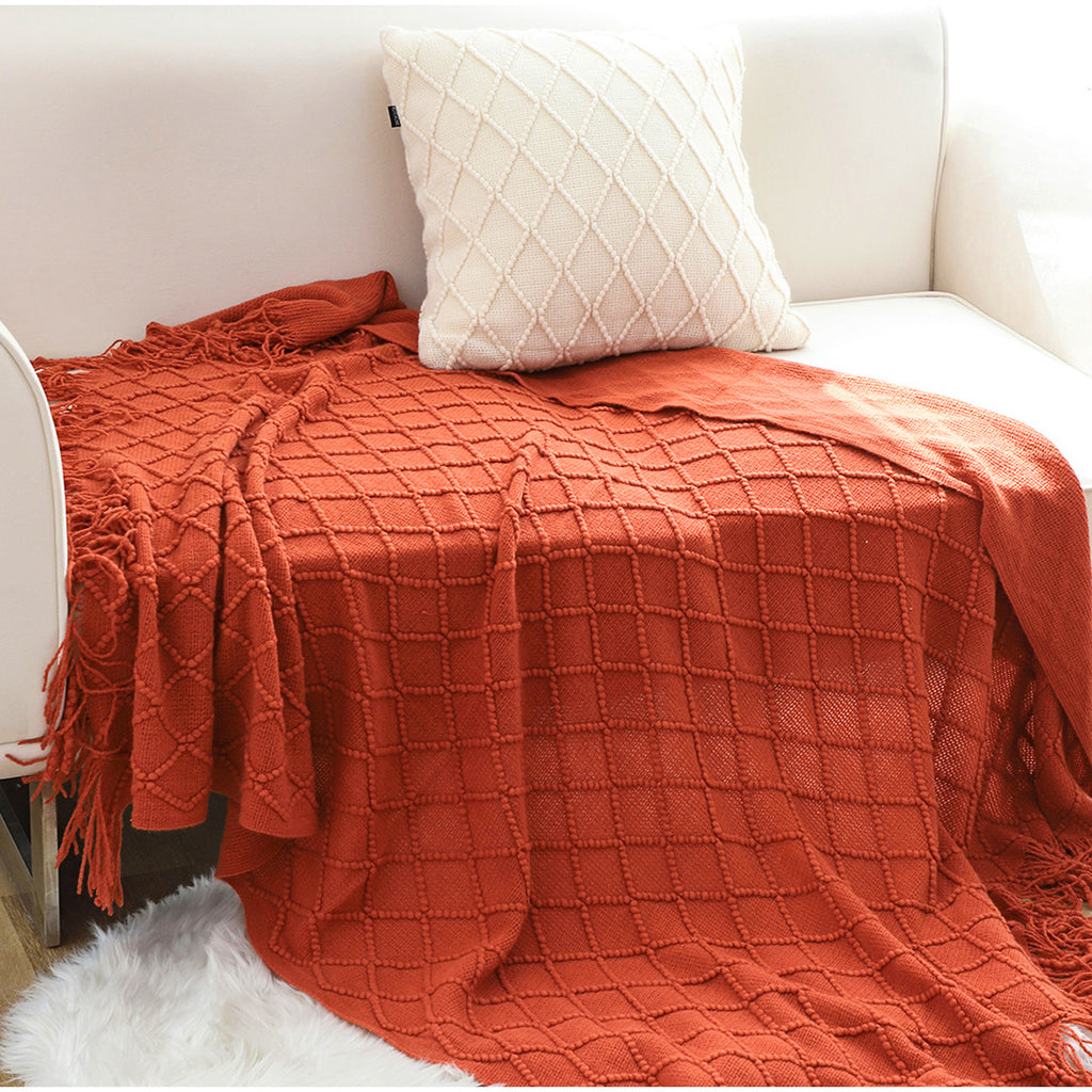 Red Diamond Pattern Knitted Throw Blanket
