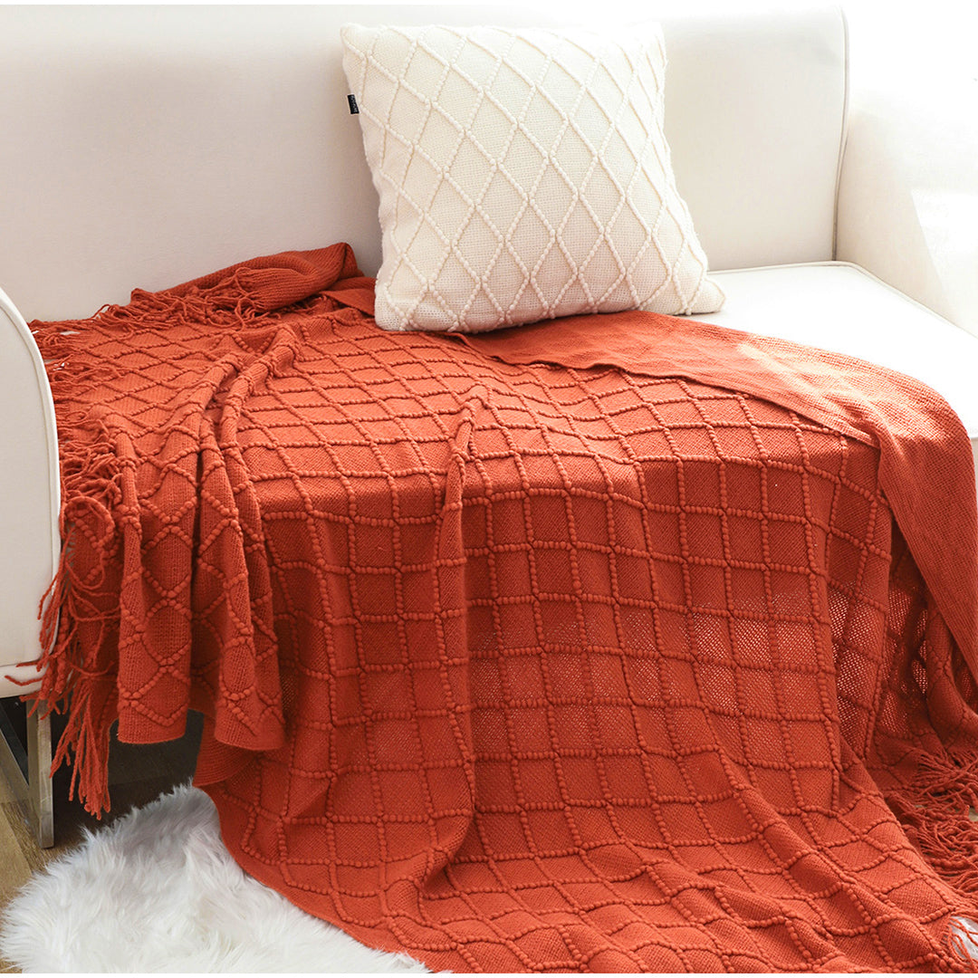 Red Diamond Pattern Knitted Throw Blanket