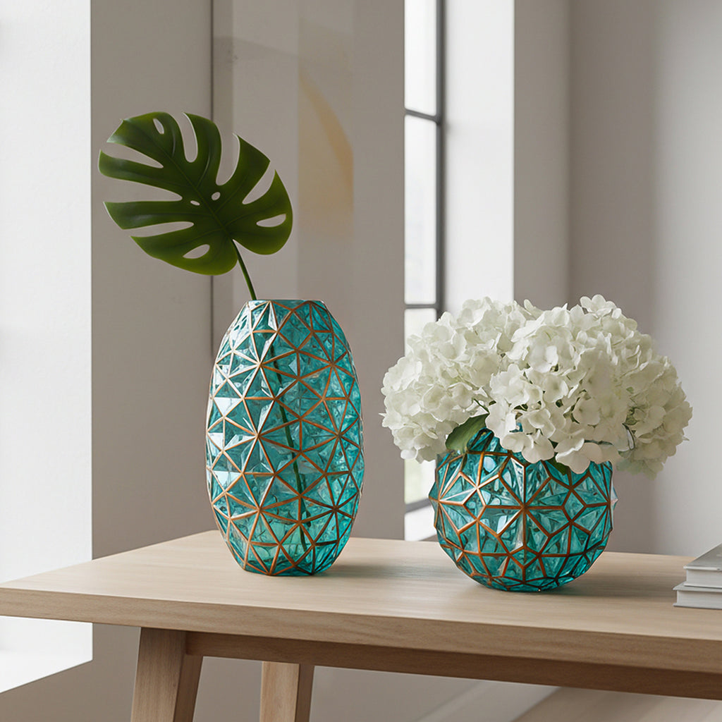 Green Diamond Cut Glass Flower Vase with Gold Accent