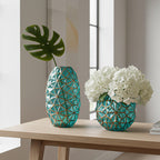 Green Diamond Cut Glass Flower Vase with Gold Accent