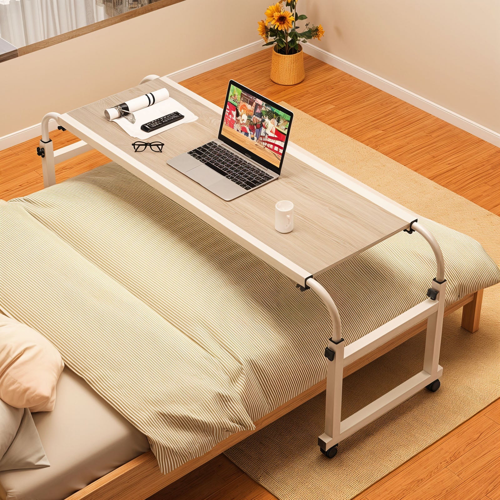 120x45cm White Cross Bed Movable Desk Table w/ Adjustable Length & Height