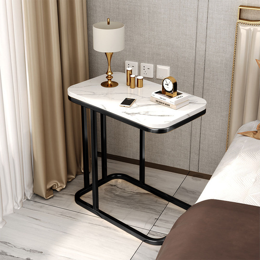 30x50x58cm White Ceramic Sofa Side Square Mini Table w/ Black Metal Legs
