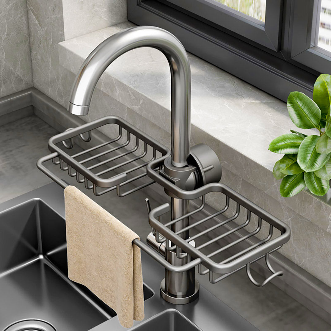 Dark Grey Kitchen Sink Faucet Organiser with Towel Bar Holder