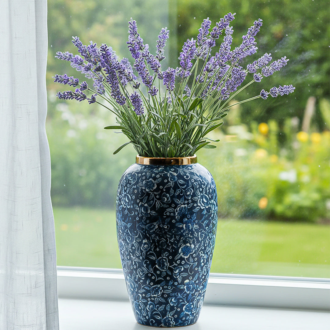 SOGA 30x19cm Blue with White Mini Floral Medium Ceramic Flower Vase Elegant Living Room Home Decor