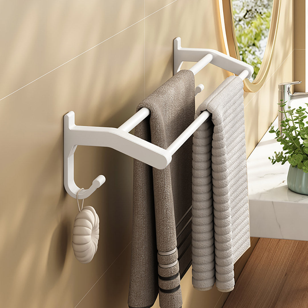 62cm White Wall-Mounted Double Pole Towel Holder with Hooks