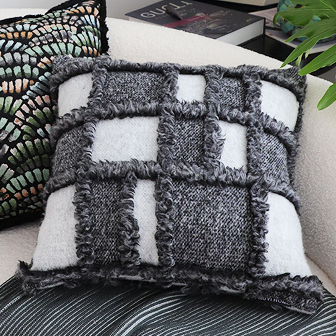 SOGA 50cm Bohemian Gray Fringe Checkerboard Textured Throw Pillow