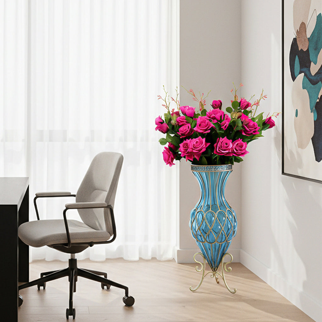 67cm Blue Glass Floor Vase and 12pcs Dark Pink Artificial Flower Set