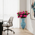 67cm Blue Glass Floor Vase and 12pcs Dark Pink Artificial Flower Set