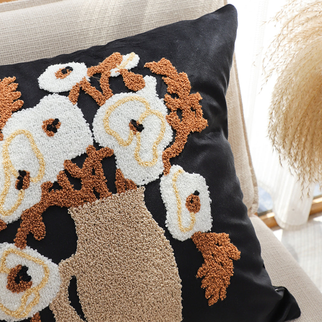 SOGA 45cm Black Brown White Floral Bouquet Embroidered Throw Pillow