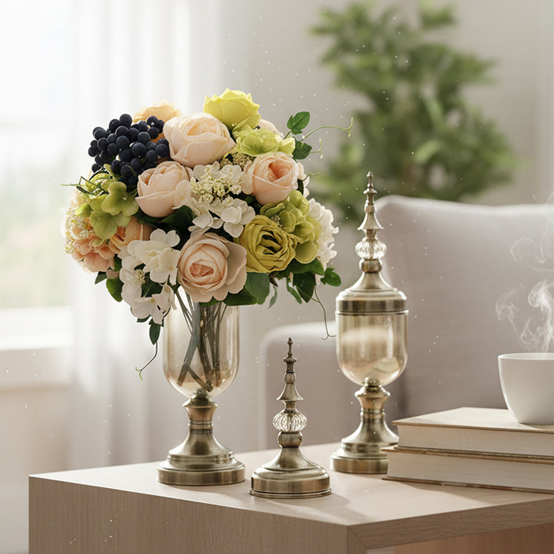 2x Clear Bronze Glass Vase with Lid and White Flower Set