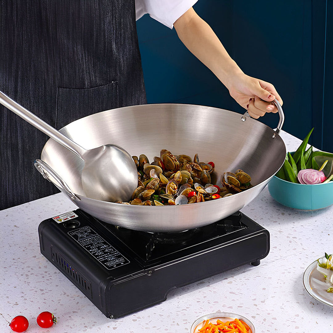55cm Stainless Steel Kitchen Cooking Wok with 2 Sturdy Handles