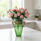 Green Glass Flower Vase with 8 Bunch 5 Heads Artificial Silk Rose Set