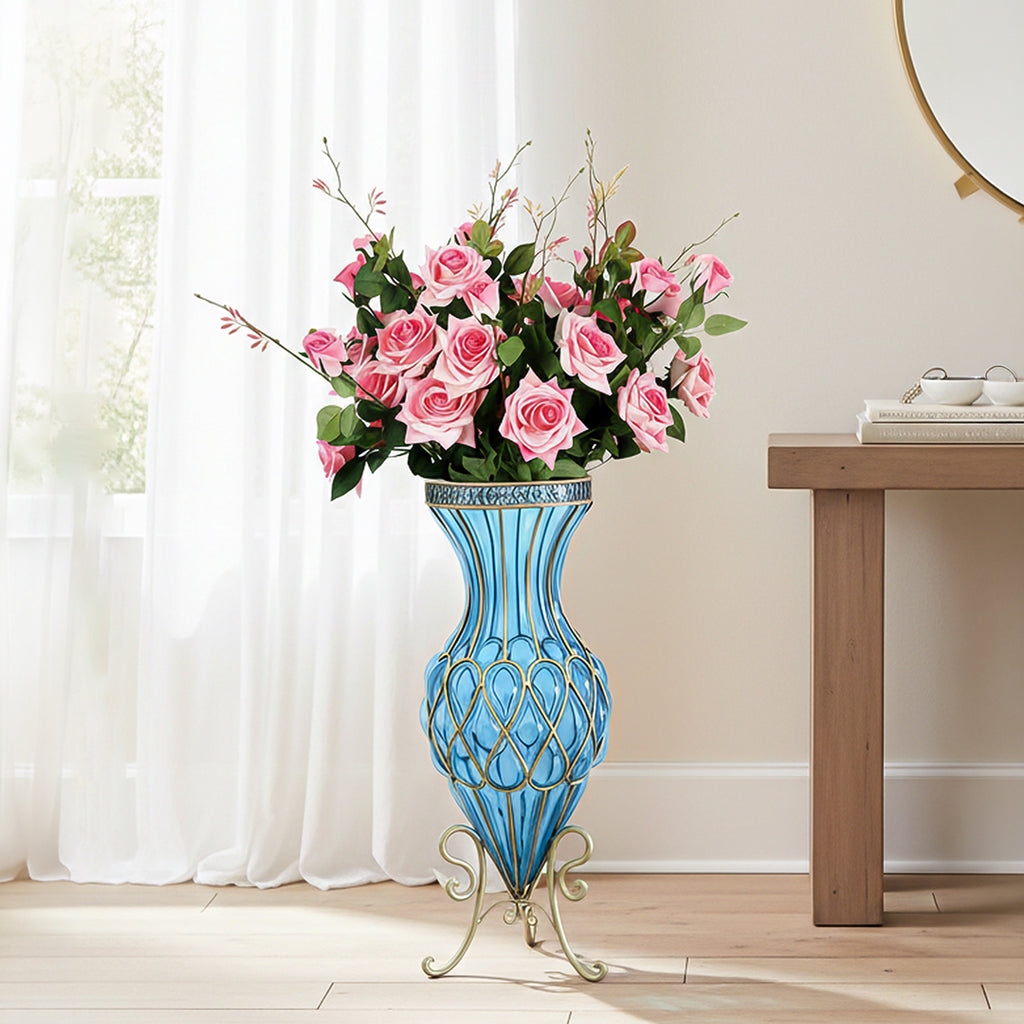 67cm Blue Glass Floor Vase and 12pcs Pink Artificial Flower Set