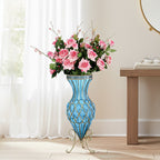 67cm Blue Glass Floor Vase and 12pcs Pink Artificial Flower Set