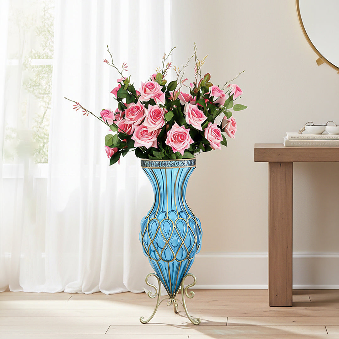 67cm Blue Glass Floor Vase and 12pcs Pink Artificial Flower Set