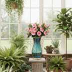 51cm Blue Glass Floor Vase with 12pcs Pink Artificial Flower Set