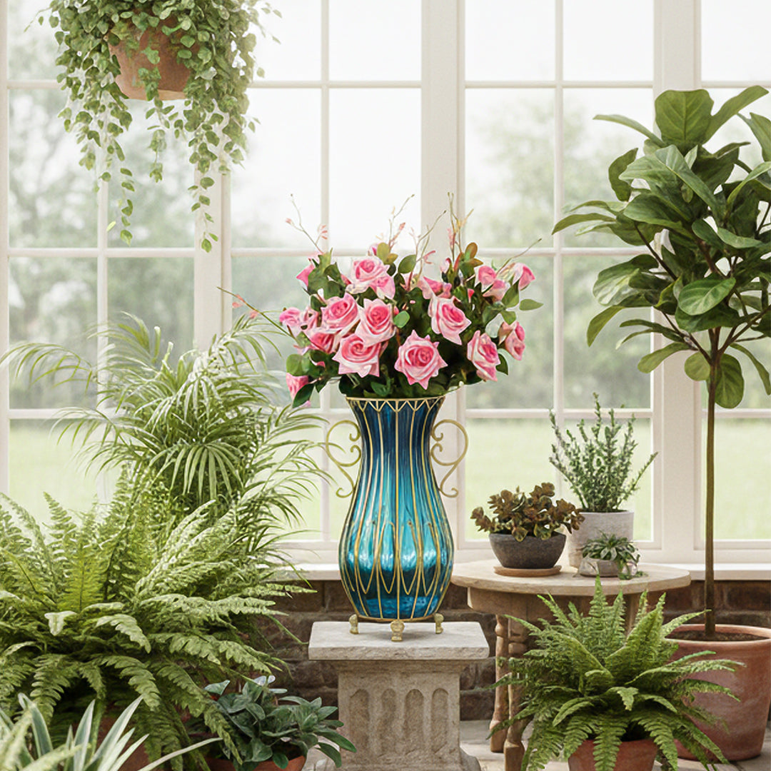 51cm Blue Glass Floor Vase with 12pcs Pink Artificial Flower Set