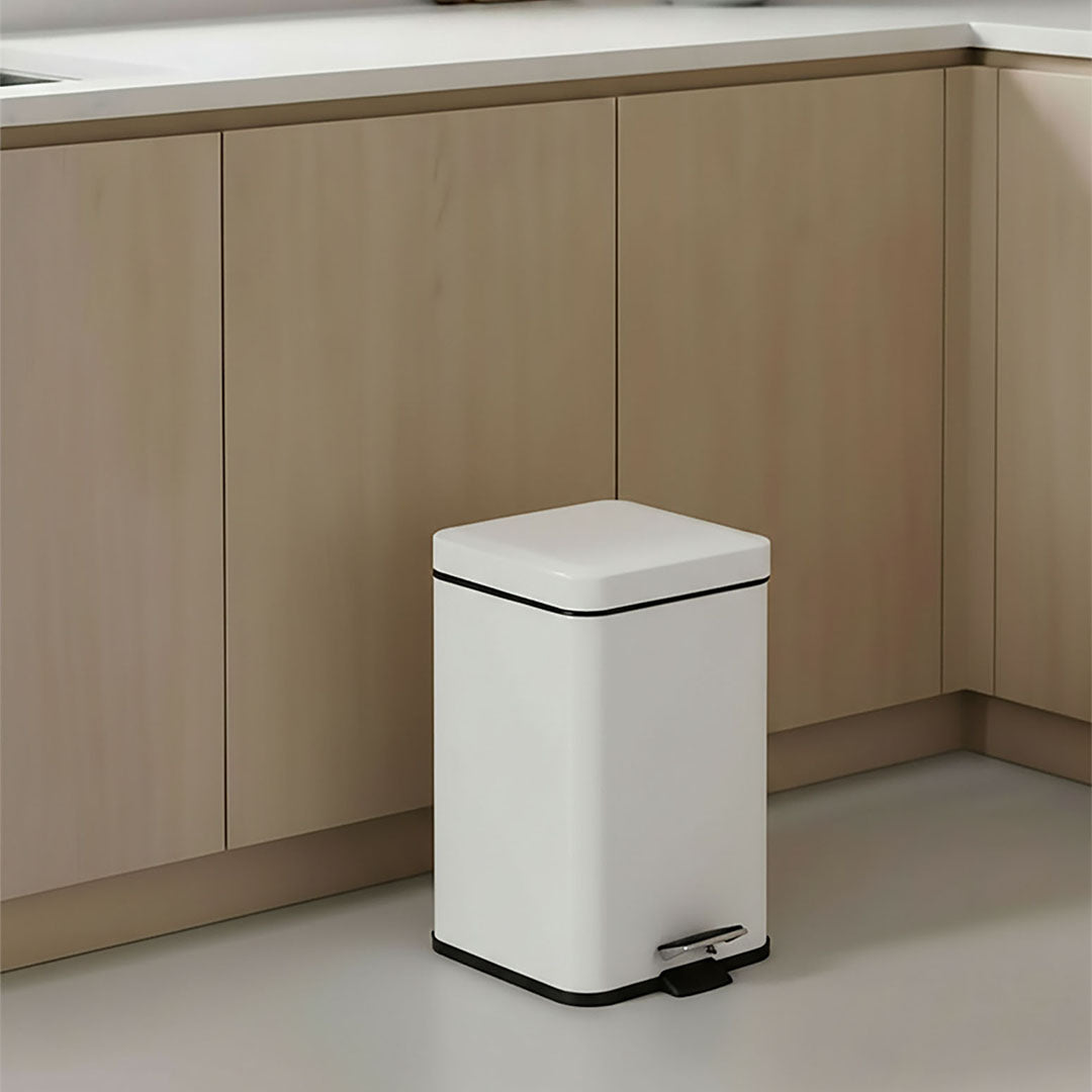 Foot Pedal Stainless Steel Trash Bin Square 12L White