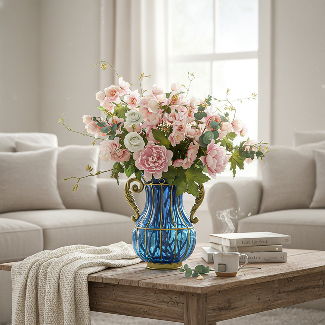 Blue Glass Flower Vase with 8 Bunch 3 Heads Artificial Silk Hibiscus Set