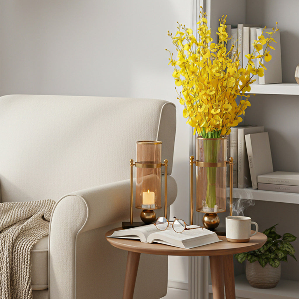 42cm 32cm Transparent Glass Vase with Yellow Flower and Candle Set