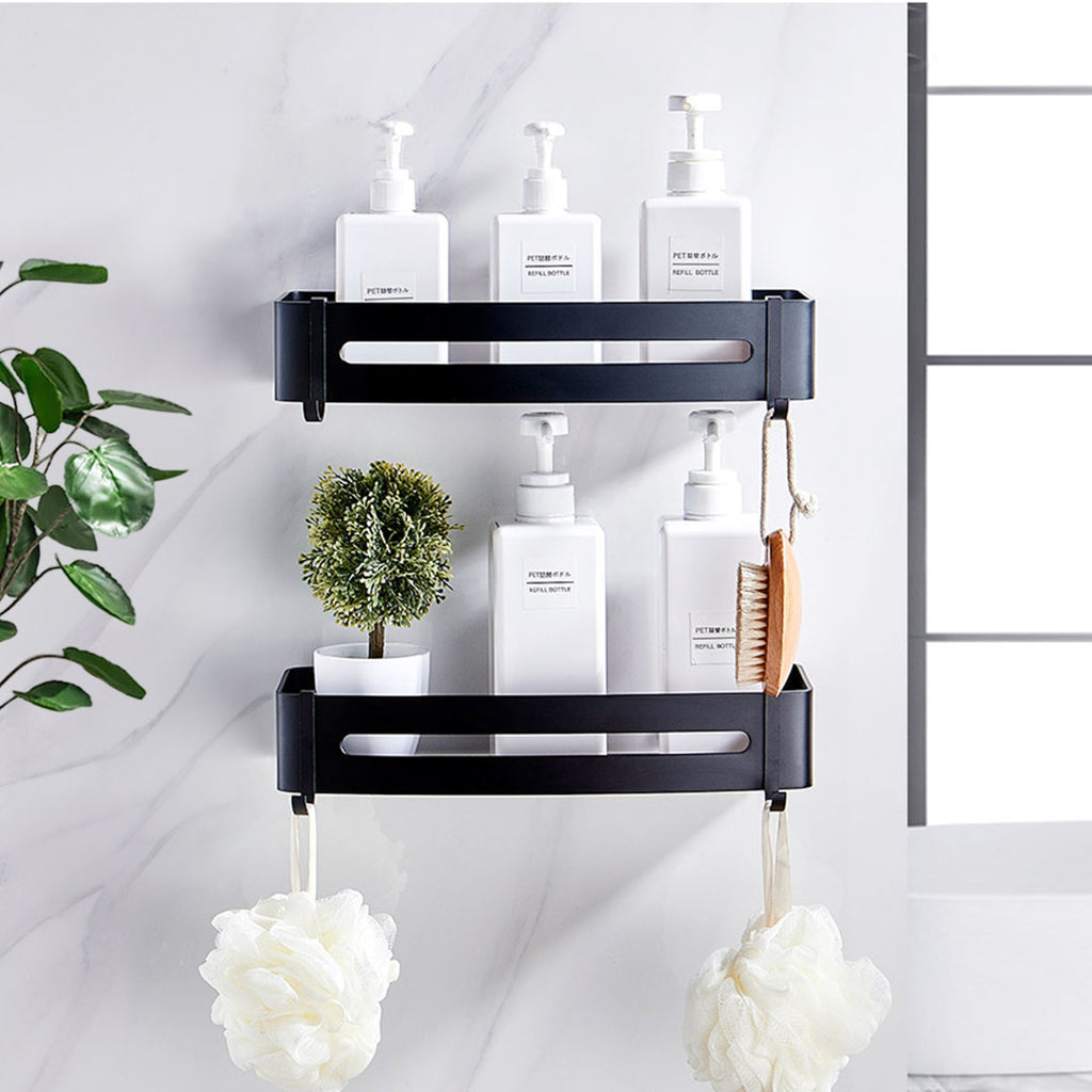 Black Wall-Mounted Rectangular Bathroom Storage Shelf Rack with Hooks