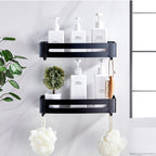 Black Wall-Mounted Rectangular Bathroom Storage Shelf Rack with Hooks