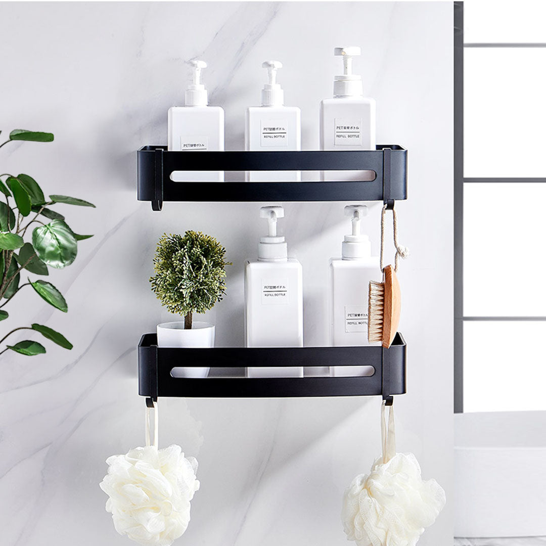Black Wall-Mounted Rectangular Bathroom Storage Shelf Rack with Hooks