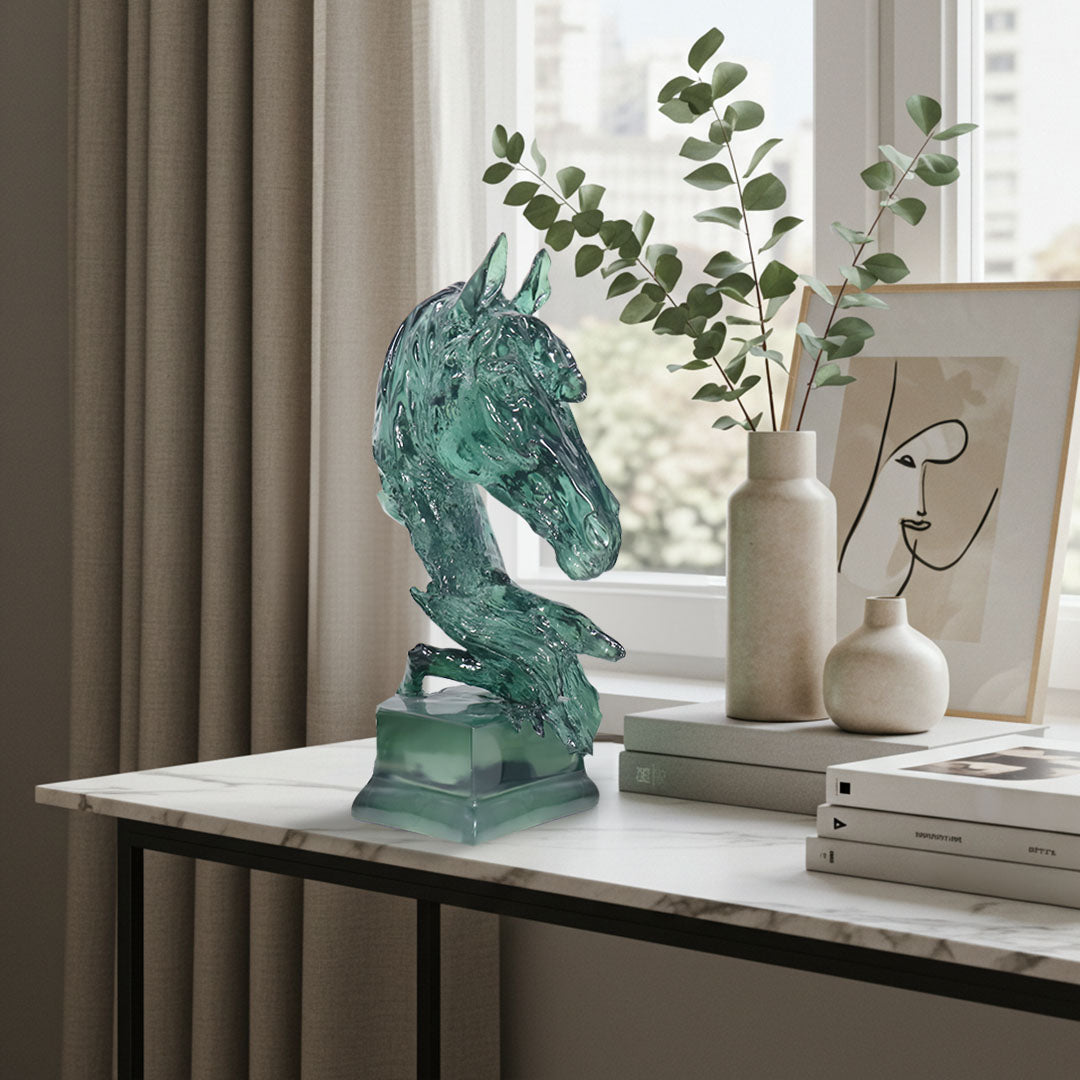 SOGA 37cm Green Horse Head Resin Sculpture Flowing Mane Design Modern Art for Home Décor
