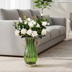 51cm Green Glass Floor Vase with 12pcs White Artificial Flower Set